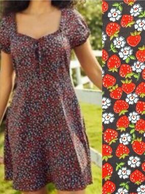 ModCloth Strawberry Print Ruffle Trim Dress Strawberries Picnic Floral Preppy